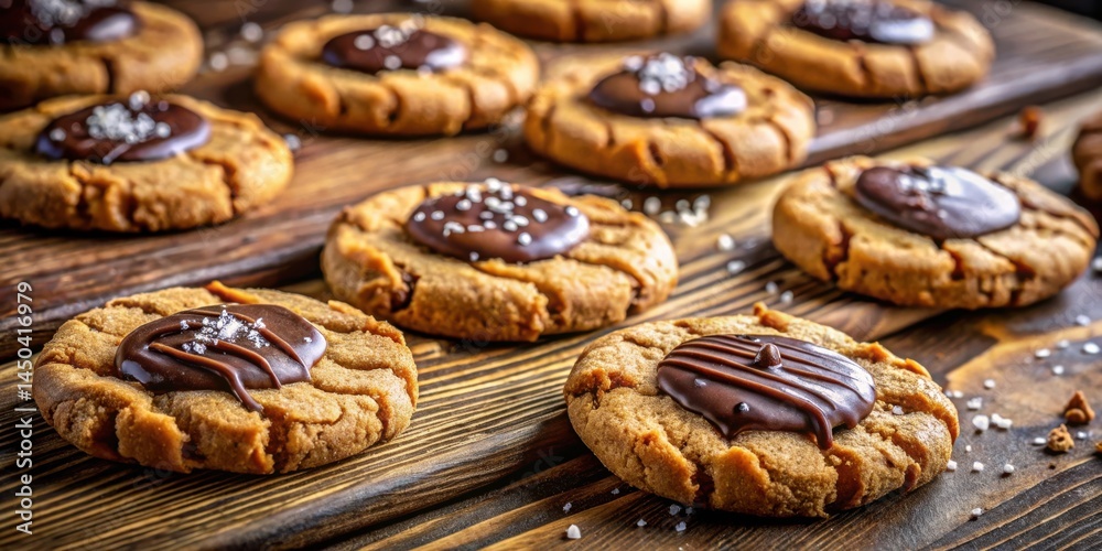 Poster a close-up shot of chocolate-covered cookies with a sprinkle of salt on a rustic wooden surface
