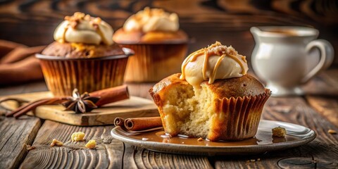 A single cupcake with a bite taken out, topped with caramel and cream, sitting on a plate with a cinnamon stick and a drop of sauce, with two other cupcakes in the background
