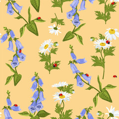Seamless vector illustration with chamomile, digitalis and ladybugs on a beige background. For decorating textiles, packaging