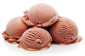 Delicious chocolate ice cream scoops melting on a white background, perfect for dessert visuals