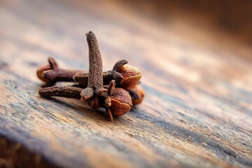 A macro shot captures a cluster of aromatic cloves on a warm wooden surface, creating a rich image.
