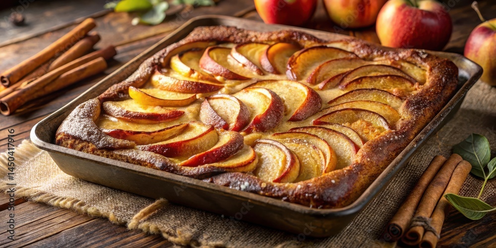 Poster apple pie fresh from the oven with cinnamon sticks and powdered sugar on rustic wooden table