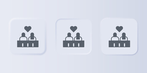 Grey Romantic silhouette of loving couple sit on a bench near icon isolated on grey background. Happy Valentines Day. Set icons in square buttons. Vector