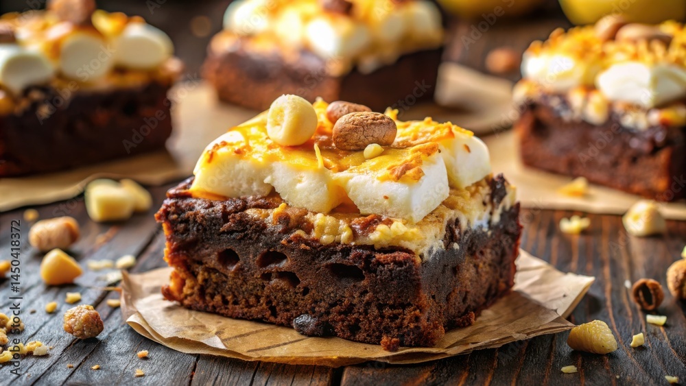 Poster closeup of a decadent brownie topped with a layer of fluffy marshmallow, a drizzle of gooey caramel,