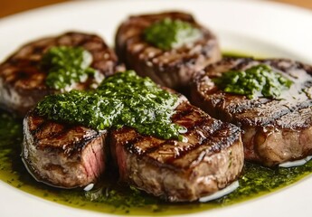 Grilled steak slices with pesto and mint leaves on dark plate.