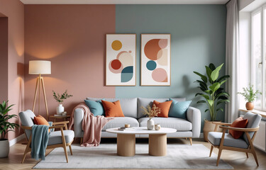 A modern living room features a light grey sofa, two armchairs, and a coffee table.  The walls are painted in dusty rose and teal, complemented by abstract art and warm-toned throw pillows and blanket