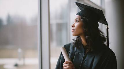 A young mixed-race woman in a black graduation gown and cap gazes out a window, holding her diploma. She appears thoughtful and proud in a modern academic setting