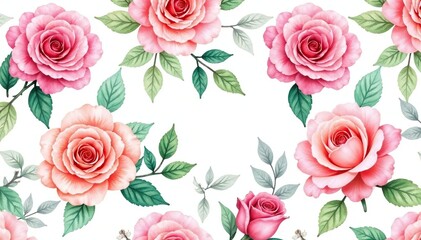 Delicate watercolor roses & leaves, repeating pattern, invitation, spring