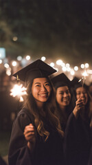 Obraz premium A group of happy young graduates, primarily women of Asian descent, celebrating at night with sparklers while wearing caps and gowns, exuding joy and accomplishment