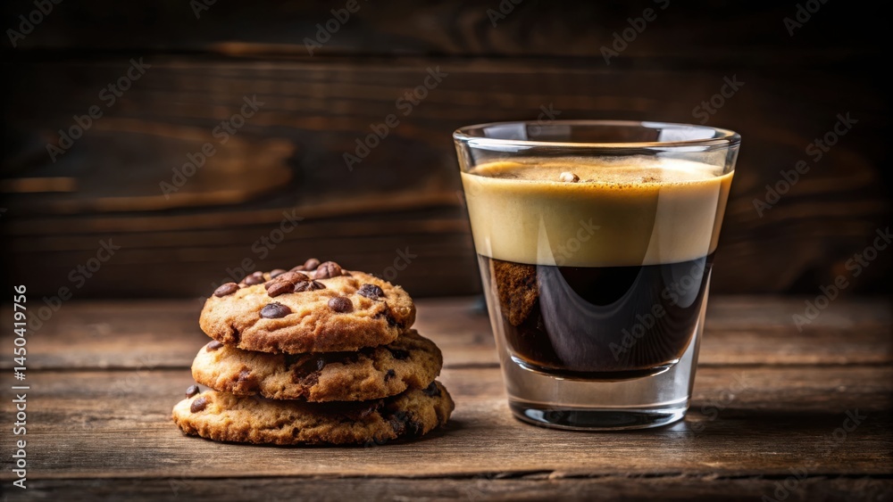 Poster A Stack of Chocolate Chip Cookies Beside a Glass of Espresso on a Wooden Surface