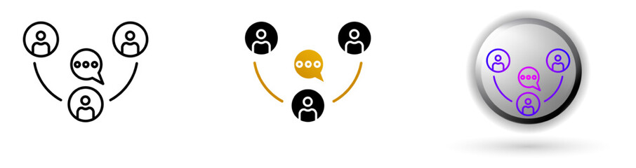 Group icon collection, ideal for repair service brands, and design infographics includes three style variations, black line, colored flat design, and modern gradient button icons.