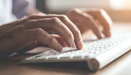 Close-up of hands typing on a white keyboard.  Image depicts work, technology, communication, and digital interaction.