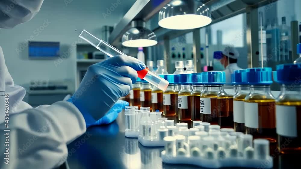 Poster a scientist wearing personal protective equipment carefully handles a vial amidst rows of vials in a