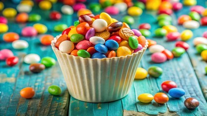 A white cup filled with colorful candy on a blue wooden surface.  The cup is full of candy, and some candy is scattered around the cup.