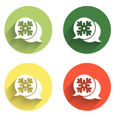 Obraz premium Set Snowflake with speech bubble icon isolated with long shadow background. Merry Christmas and Happy New Year. Color circle button. Vector