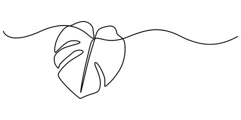 Monstera leaf continuous one line drawing and leaf icon isolated flat vector illustration, One continuous line drawing monstera leaf vector illustration. Tropical leaf monoline design, minimalist line