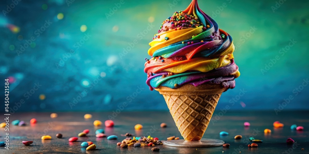 Poster A Colorful Swirl of Rainbow Ice Cream in a Crispy Cone, Decorated with Sprinkles, Sitting on a Rustic Wooden Table with Scattered Candy
