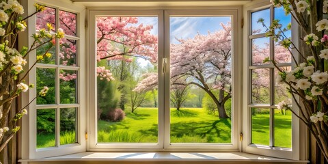 An open wooden window frame offers a view of a green garden with colorful flowers, bringing nature's beauty into the home