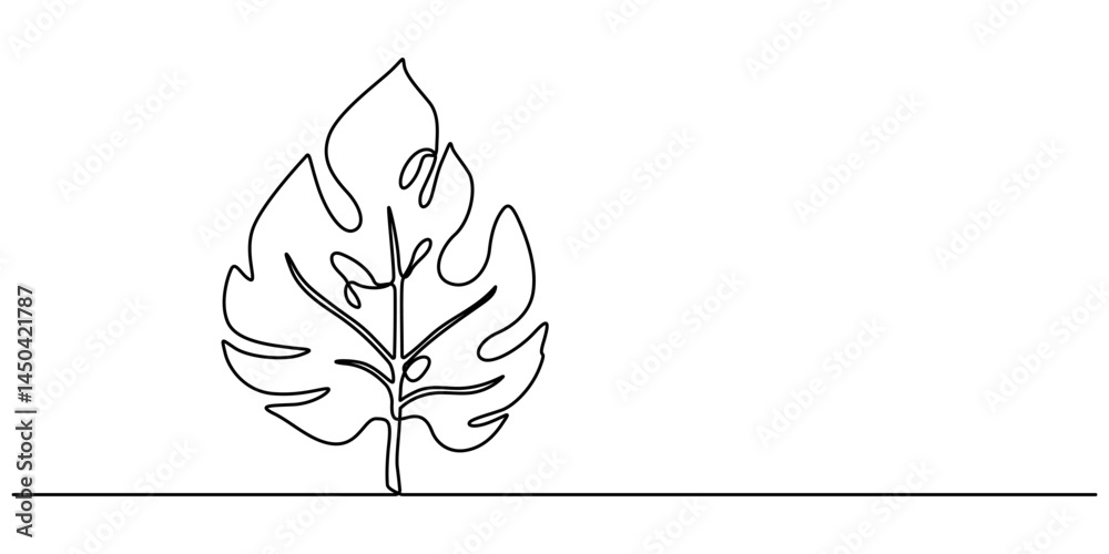 Poster monstera leaf continuous one line drawing and leaf icon isolated flat vector illustration, one conti