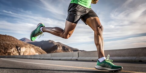 Active young man enjoys the fun of jumping while running on the road under the blue sky