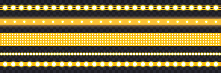 Marquee strip set, yellow led light ribbons on transparent background. Realistic neon light bulb, vector illustration. vintage marquee borders collection. © viktoria_ngm