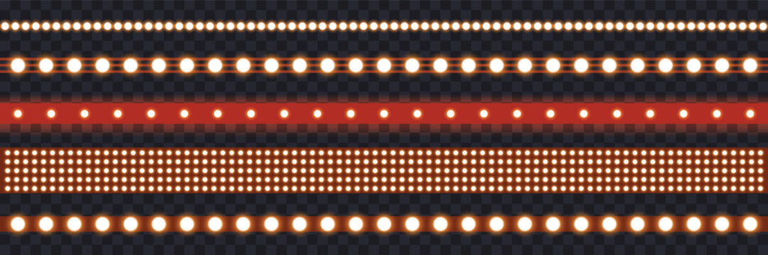 Marquee strip set, red led light ribbons on transparent background. Realistic neon light bulb, vector illustration. vintage marquee borders collection.
