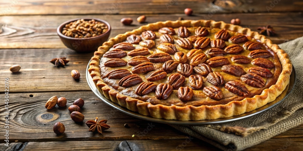 Aufkleber Golden pecan pie with a flaky crust, resting on a rustic wooden table, surrounded by scattered nuts and star anise