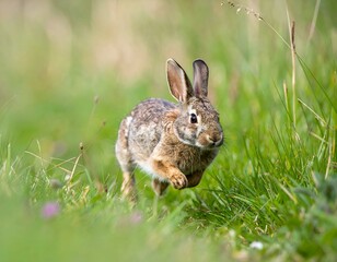 A cute brown rabbit hops through a vibrant green meadow.  Perfect for nature, wildlife, and springtime themes.