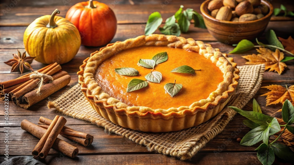 Poster a homemade pumpkin pie, adorned with fresh leaves, ready to be sliced and shared on a rustic wooden 