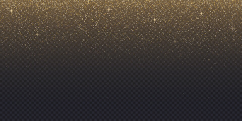 Gold glitter sparkles fallen on transparent background. Abstract dust particles, yellow confetti png bg. Festive wallpaper for christmas poster, flyer, new year card, realistic vector snow powder.