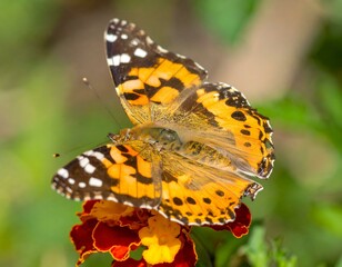 Obraz premium Close-up of a Painted Lady butterfly on a vibrant red and yellow flower.