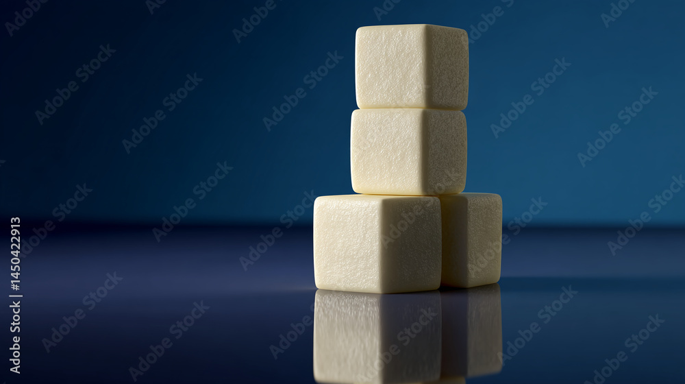 Poster three off-white cubes stacked, displayed against a dark blue background, creating a minimalist and c