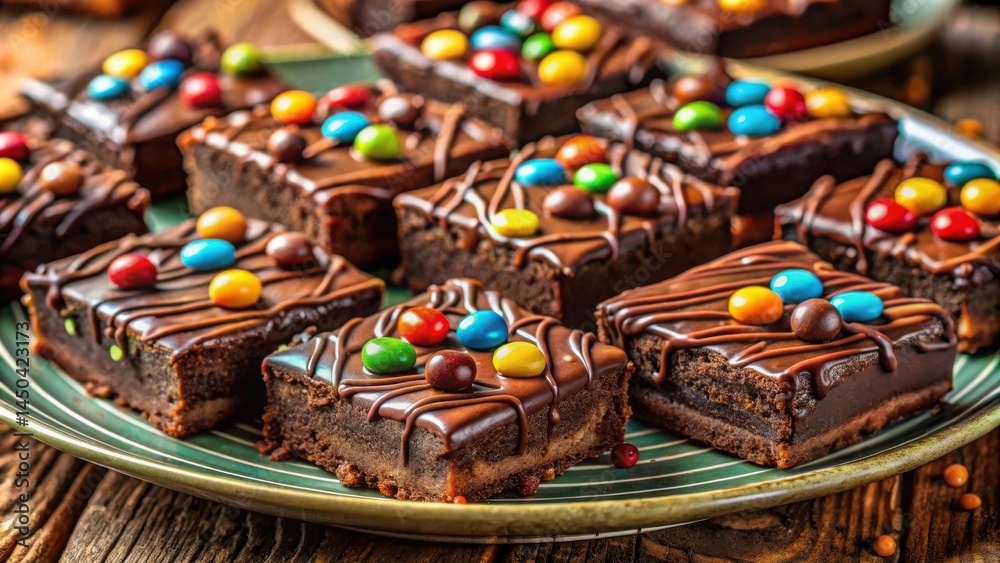 Aufkleber A plate of decadent chocolate brownies topped with a colorful assortment of candy, a delightful treat for any occasion.