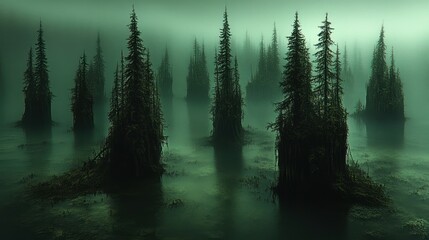 Misty swamp forest, dark trees, tranquil lake, surreal atmosphere