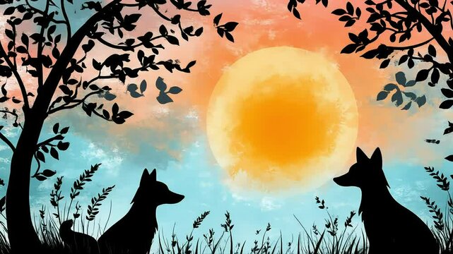 Foxes silhouette at sunset