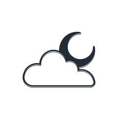 Black Cloud with moon icon isolated on white background. Cloudy night sign. Sleep dreams symbol. Night or bed time sign. Vector