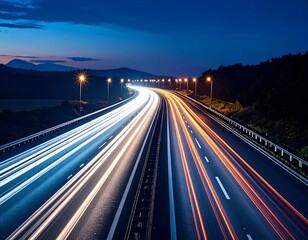 Obraz premium Long exposure of a highway at night with car light trails, creating dynamic motion and speed effect. Illuminated road, glowing streetlights, and dark landscape under a twilight sky.