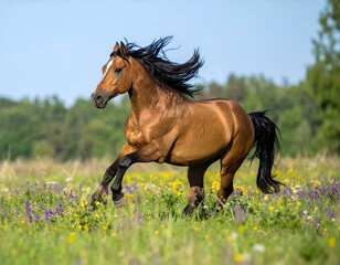 Obraz premium Stunning chestnut horse with flowing black mane galloping through a vibrant wildflowers meadow under a clear blue sky.