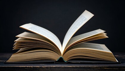 Fototapeta premium Open book on dark wooden table. A classic book, pages turned, knowledge, reading, literature, education.