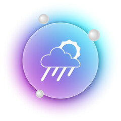 White Cloud with rain and sun icon isolated on white background. Rain cloud precipitation with rain drops. Blue and purple gradient circle background. Vector