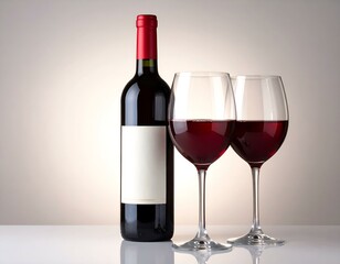 Red wine bottle and two glasses filled with red wine on a white surface against a light background. Perfect for wine lists, restaurant menus, or wine-related advertising.
