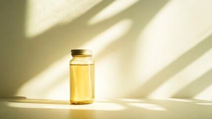 Sleek glass bottle with golden liquid placed on white surface, symbolizing weight loss medication, health supplement or detox drink concept. Minimalist and modern packaging design for wellness product