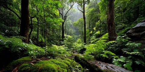 Fototapeta premium Lush green rainforest forest floor, misty light, nature backdrop, perfect for environmental themes