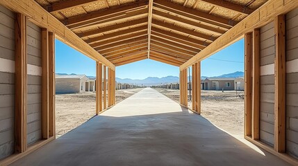 Fototapeta premium Unfinished wooden corridor with cement ground and mountains in sunlight.