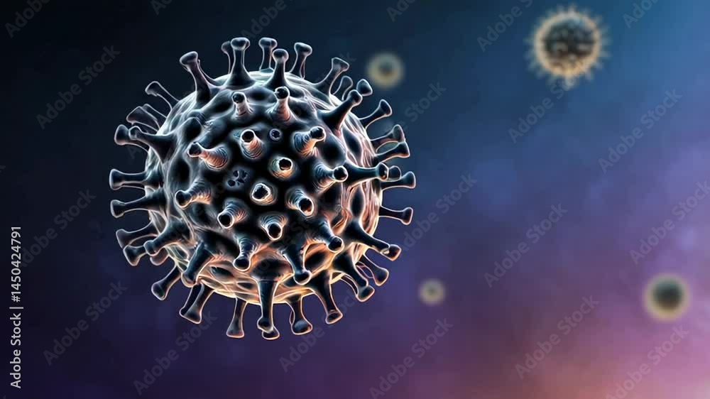 Poster Microscopic view of a virus rotating, displaying its complex structure and potential threat, against a blurred background suggesting the environment it inhabits