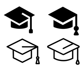 Vector graduation cap icons set with tassels, black silhouette academic hats on transparent background

