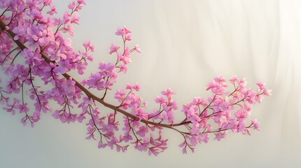 Fototapeta premium Delicate cherry blossom branch with soft pink petals on a light dreamy background