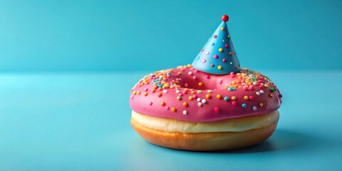 A single glazed donut with sprinkles and a blue party hat sits on a blue background. The donut is a celebratory treat with a whimsical touch.