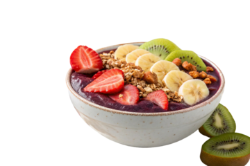 A delicious and healthy breakfast bowl with muesli, fresh fruits like strawberry, and mixed berries, offering great nutrition for a diet snack