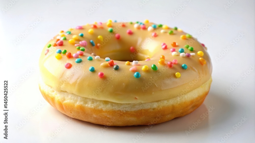 Poster a close-up of a single glazed donut with sprinkles on a white background